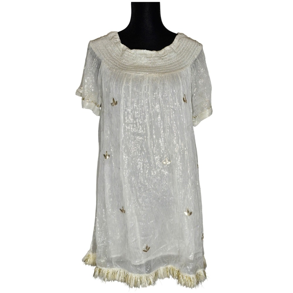 Mira Ivory Gold Metallic Pinstripe Fringe Hem Smocked‎ Boho Shift Dress Sz Small